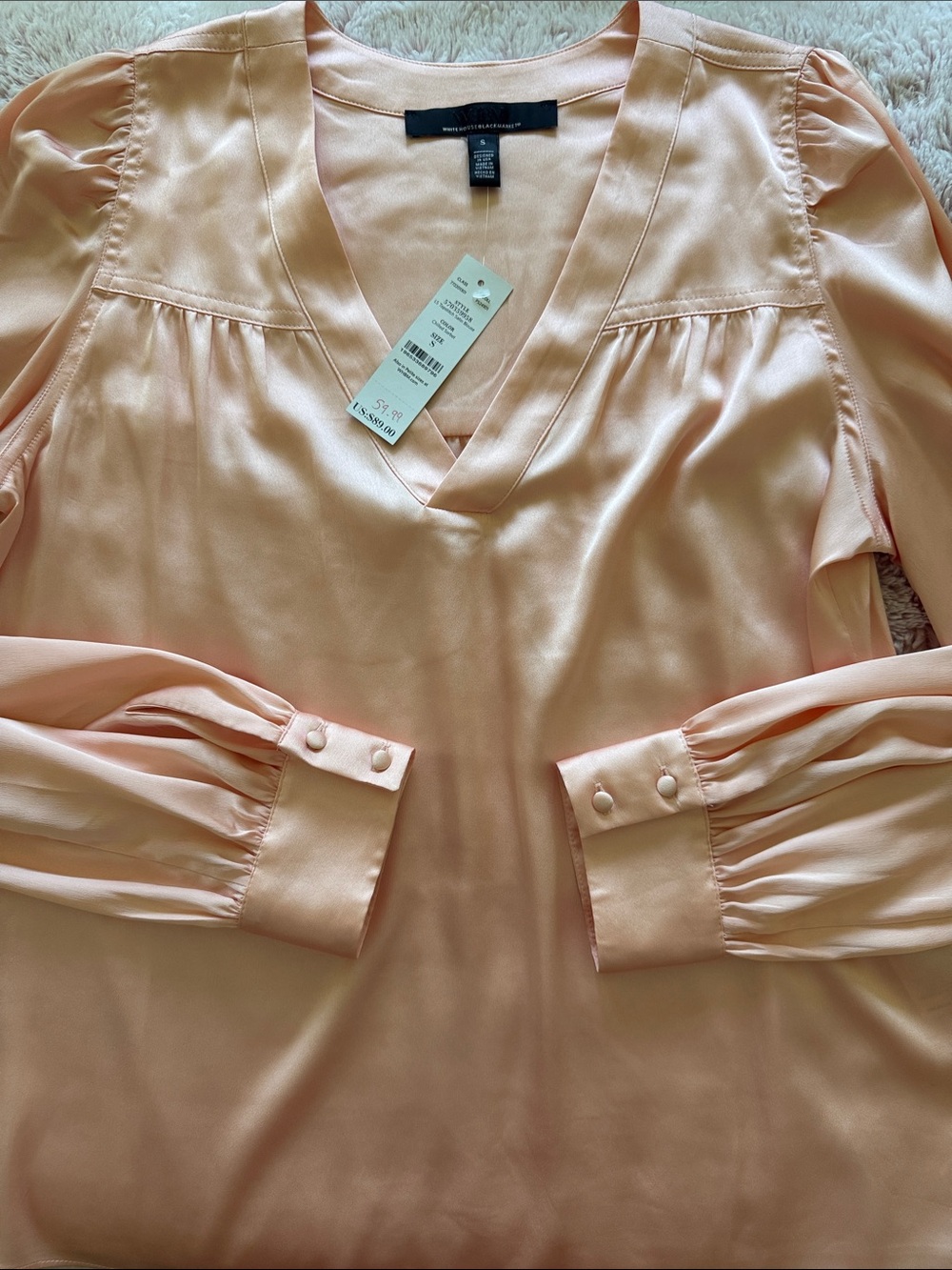White House Black Market Peach Satin V-Neck Puff-Sleeve Blouse